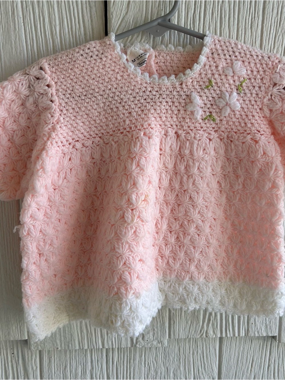 Vintage sears Pink Hand-Crocheted Baby Sweater with White Trim 12/18 months